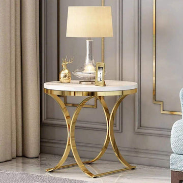 Modern Luxurious Round White Stone Side Table X-Base End Table in Gold-Richsoul-End & Side Tables,Furniture,Living Room Furniture
